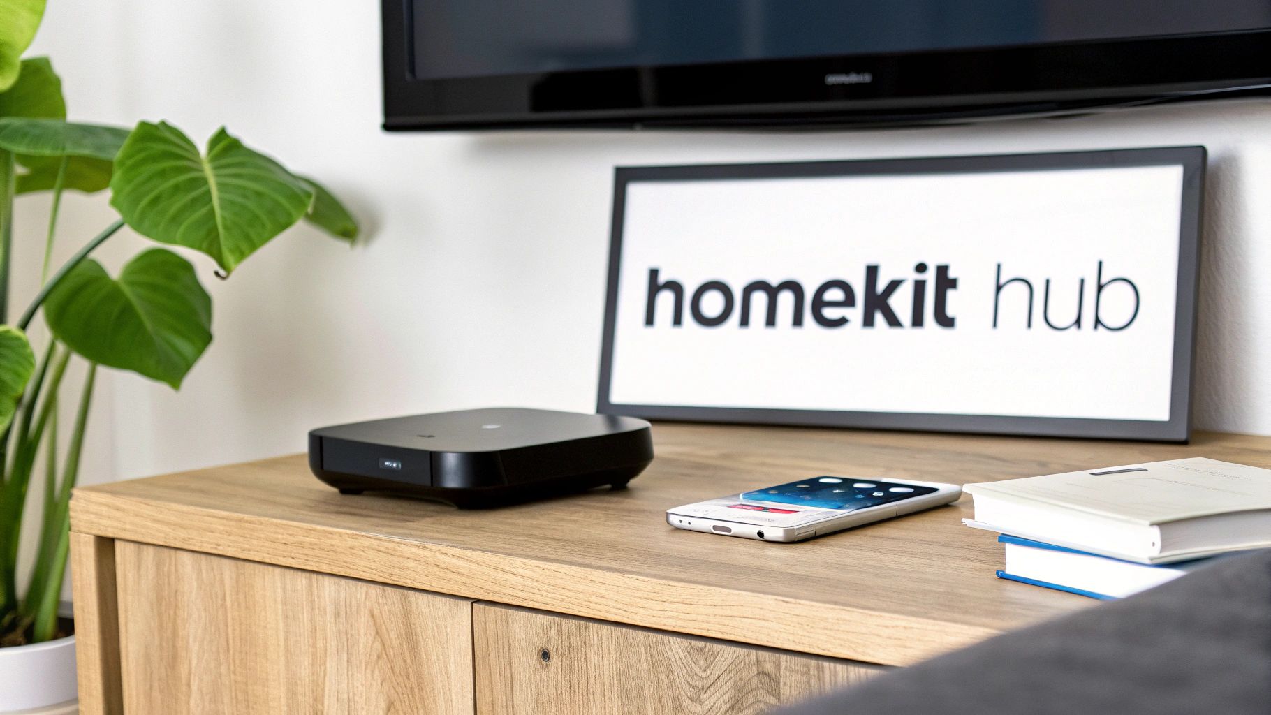 An organized home office setup featuring a MacBook and a HomePod Mini, illustrating the core components needed to set up HomeKit.