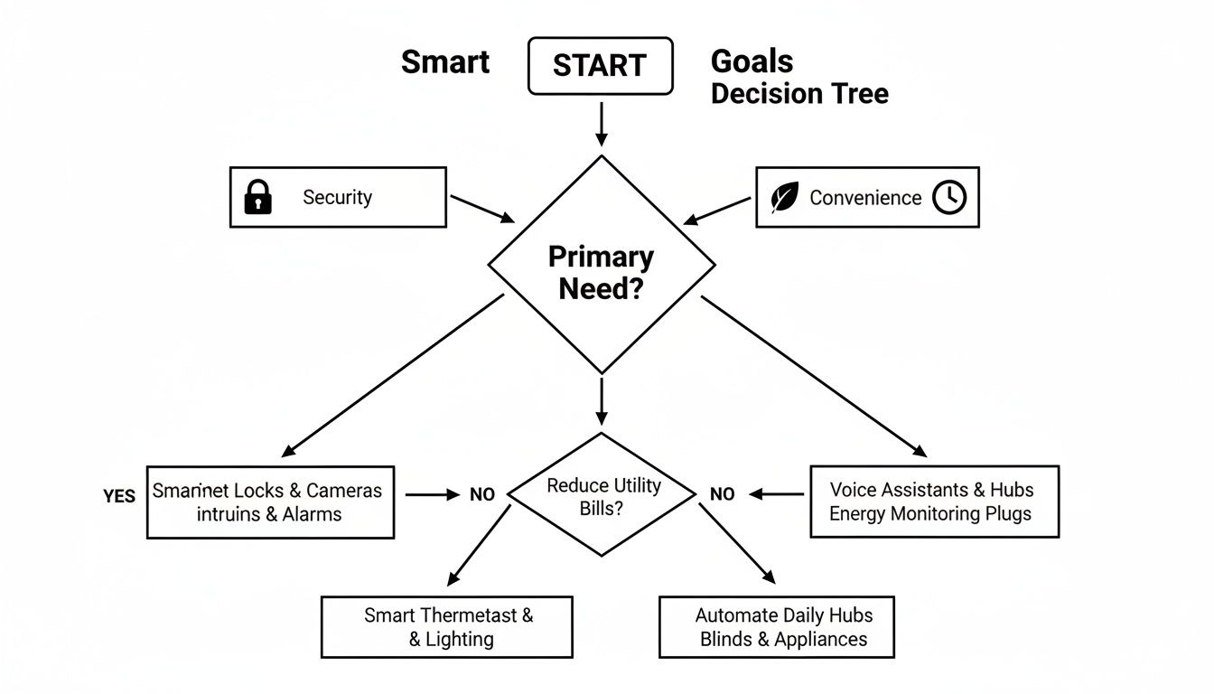 A smart home goals decision tree flow chart for choosing home automation systems.