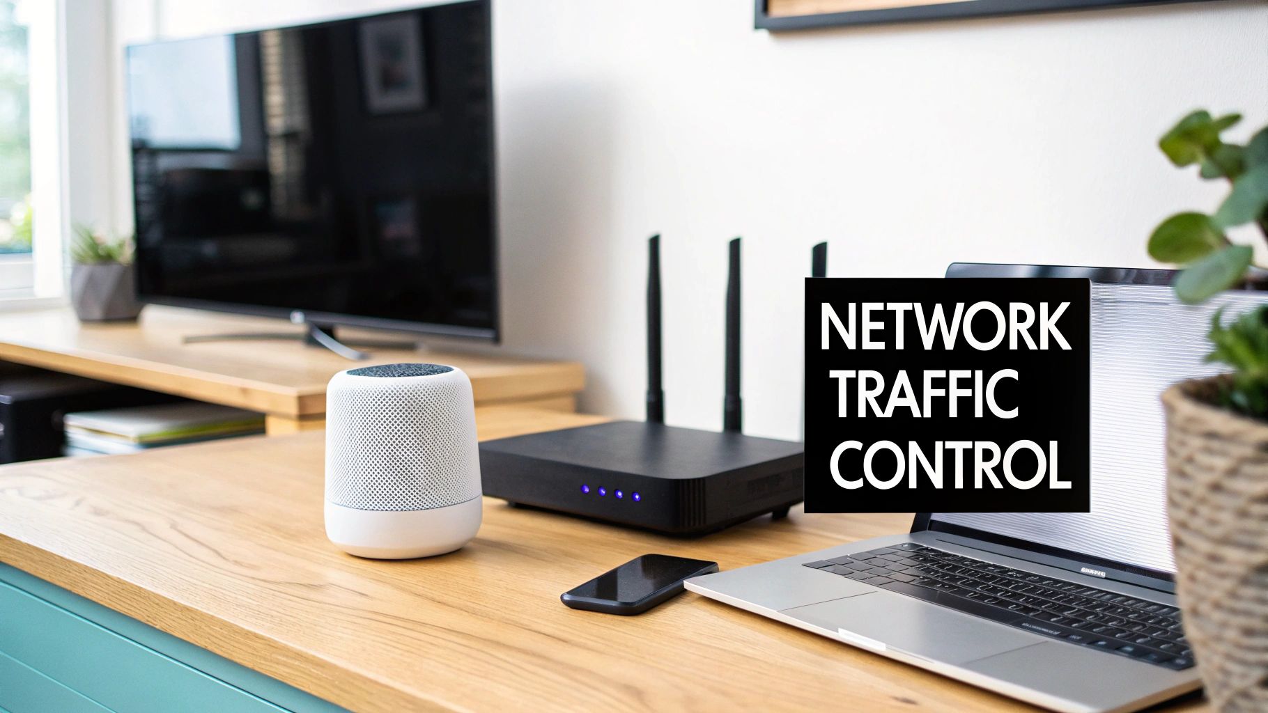 A home office setup with a smart speaker, Wi-Fi router, smartphone, and laptop on a wooden desk.