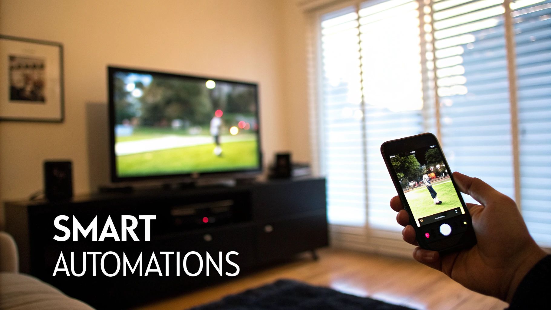 A hand holds a smartphone displaying a photo, with a TV screen and smart home setup in the background.
