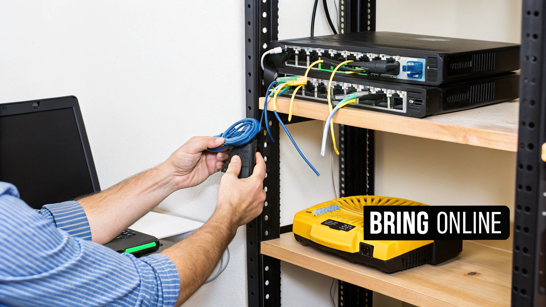 A technician's hands connect blue ethernet cables to network switches in a home server rack setup.