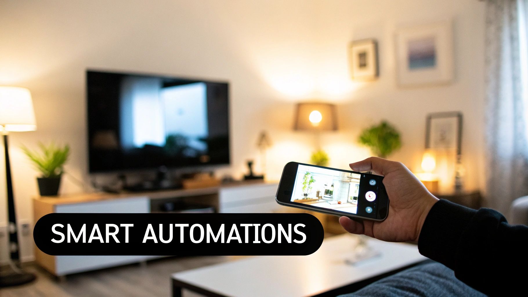 A hand holds a smartphone, likely controlling smart automations in a modern living room.