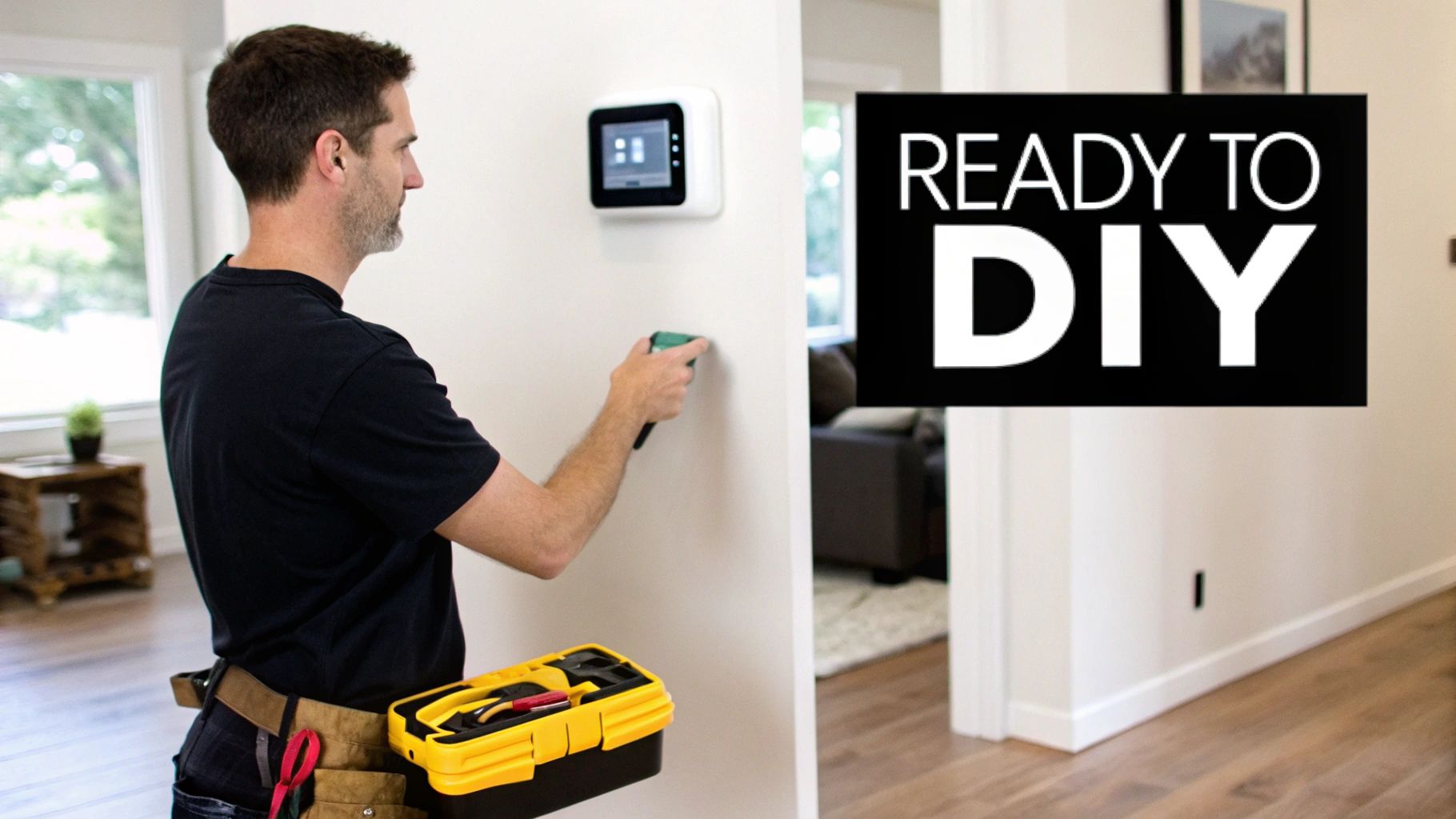 A person holding a new smart thermostat in front of an old, outdated one on the wall.