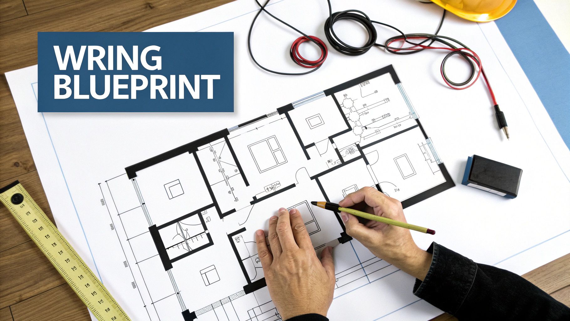 Hands drawing on an architectural house blueprint, with electrical wires, tools, and a hard hat on a desk.