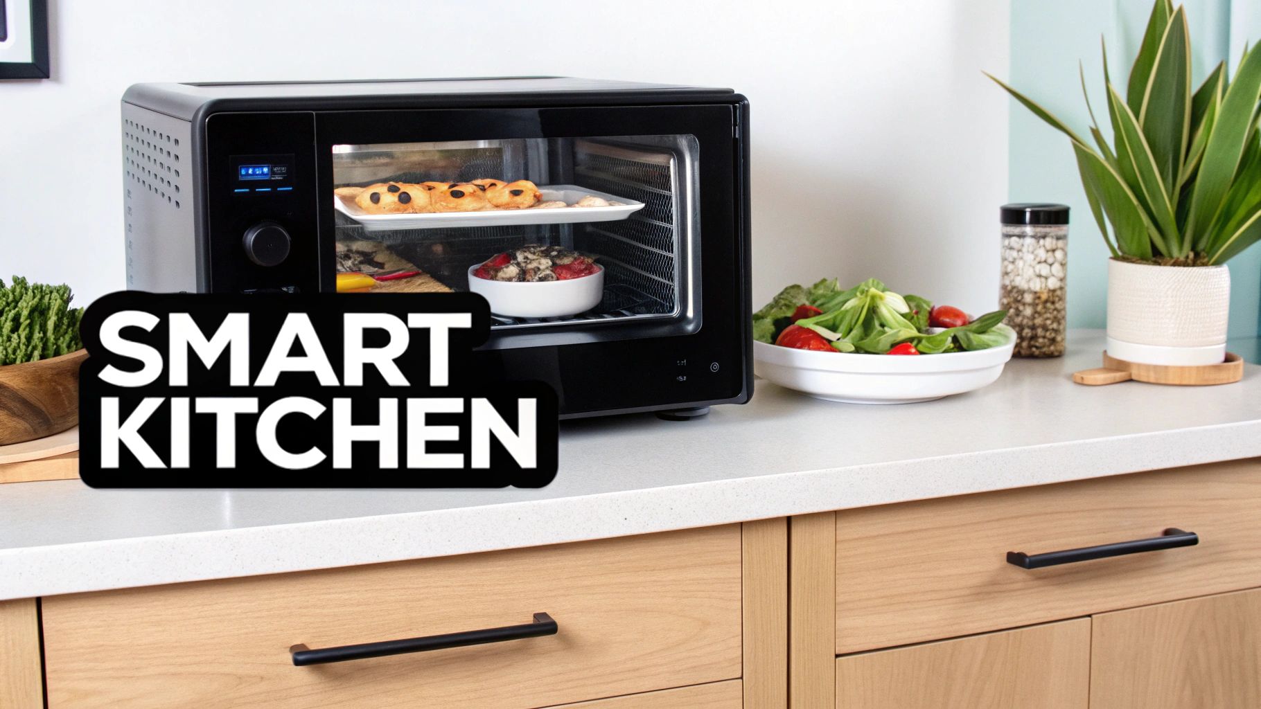 A black smart toaster oven with food inside on a clean kitchen counter with a fresh salad.