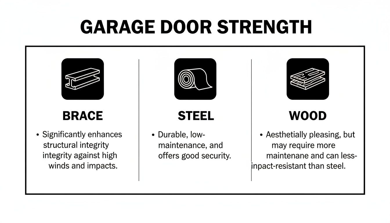 Infographic illustrating garage door strength features: brace, steel, and wood, with their characteristics and benefits.