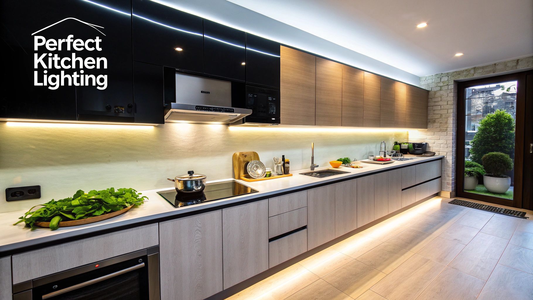 A well-lit kitchen with focused task lighting over the countertops and island
