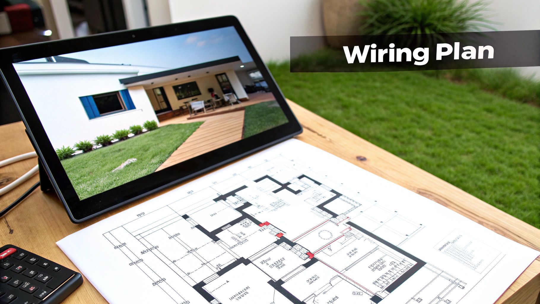 A tablet shows a house exterior next to a detailed blueprint on a wooden table, with a 'Wiring Plan' banner.