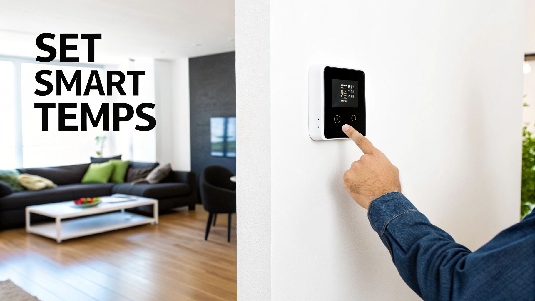 A modern smart thermostat on a wall displaying temperature and settings