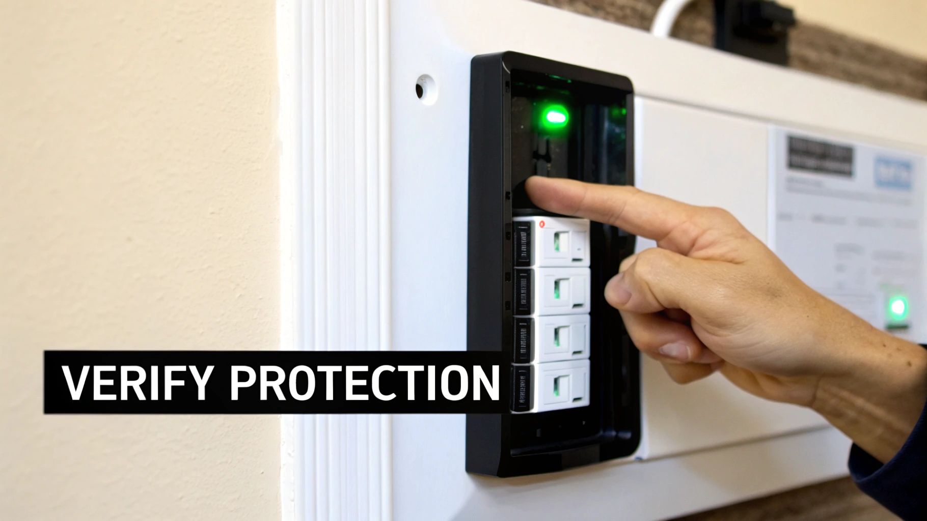 A hand presses a button on an electrical panel with green indicator lights, verifying protection.