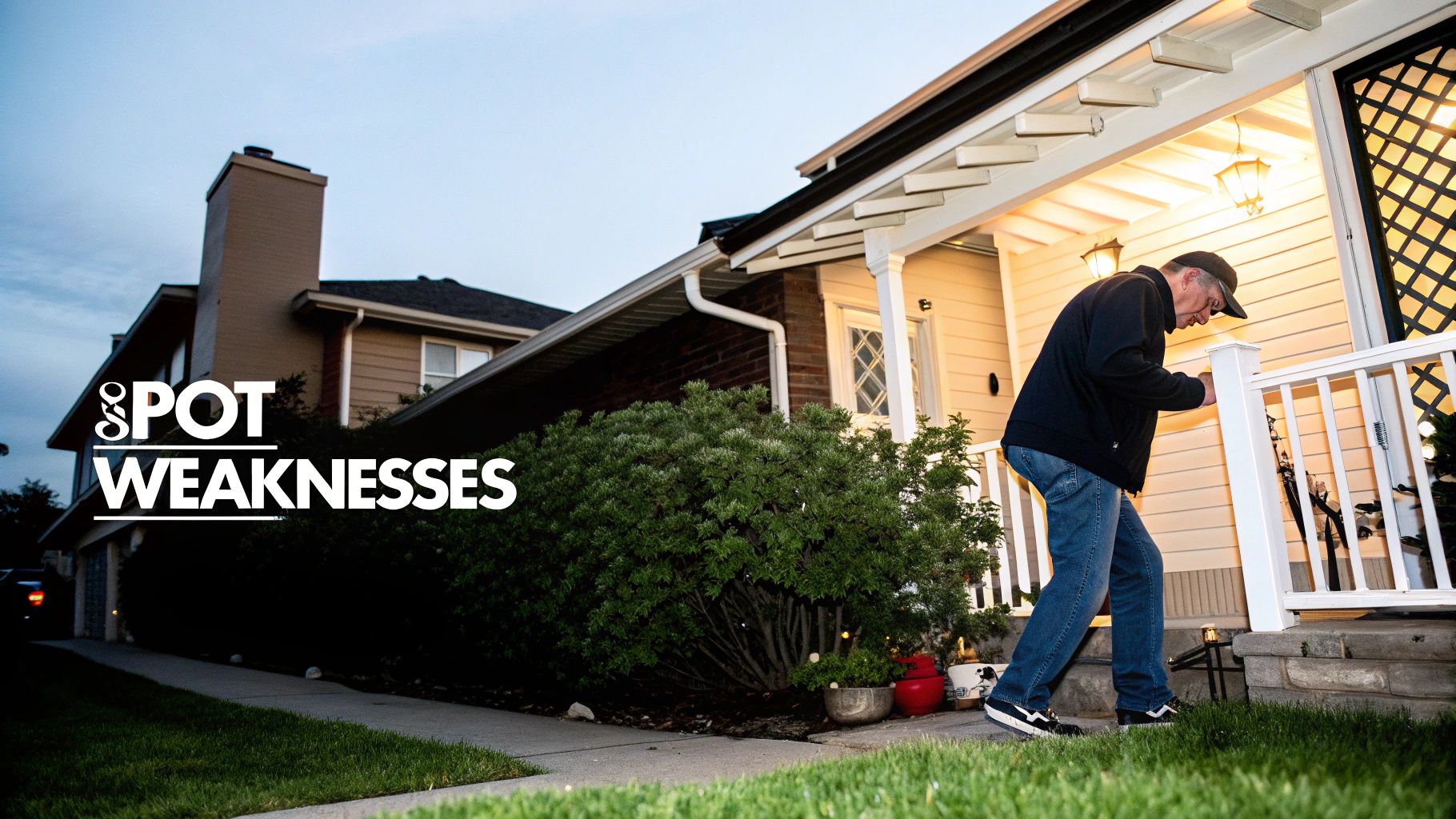 A dimly lit residential street at dusk, highlighting potential security vulnerabilities like shadows and overgrown bushes.