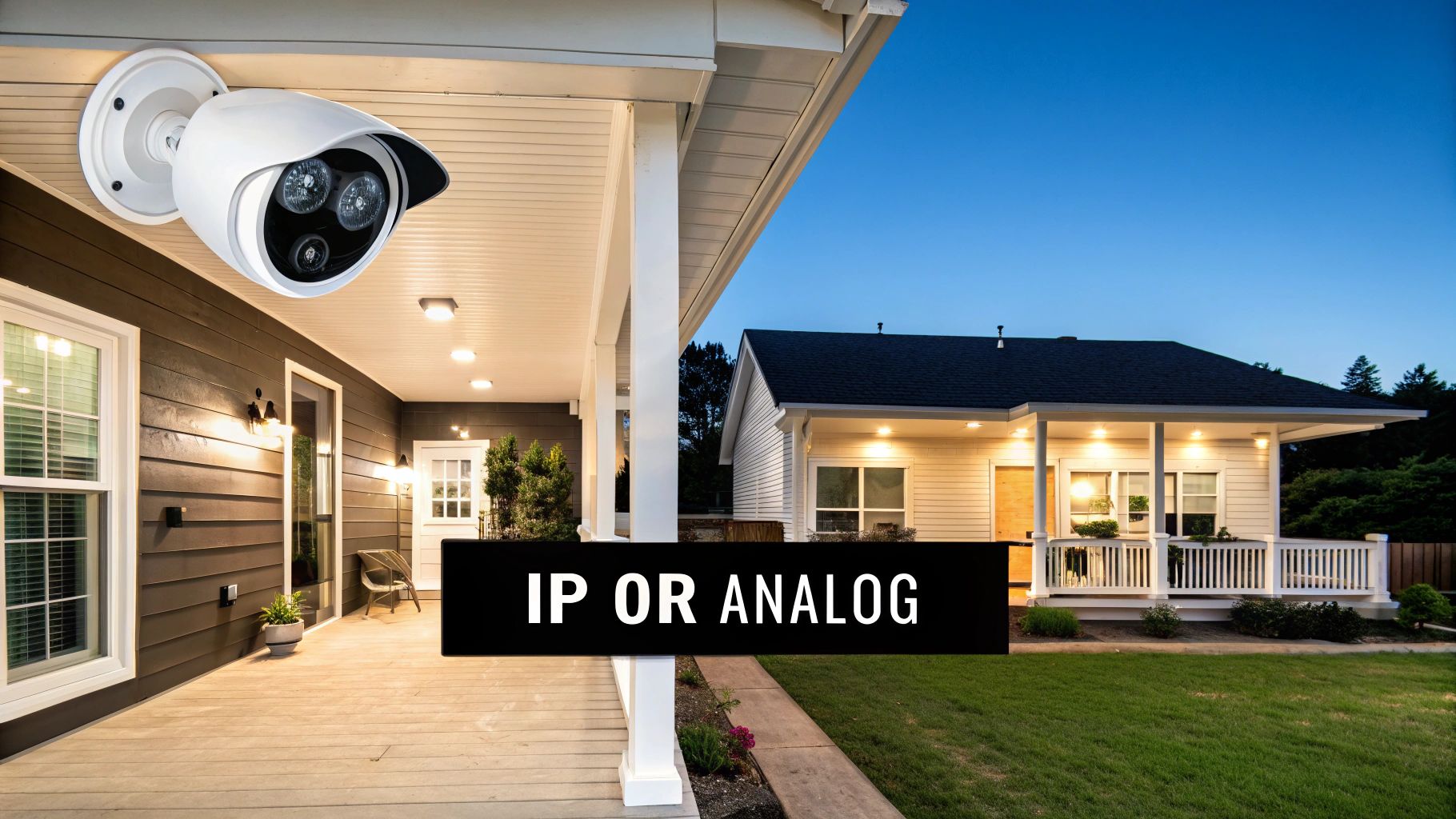 A white security camera mounted on a modern house porch with an evening sky background.