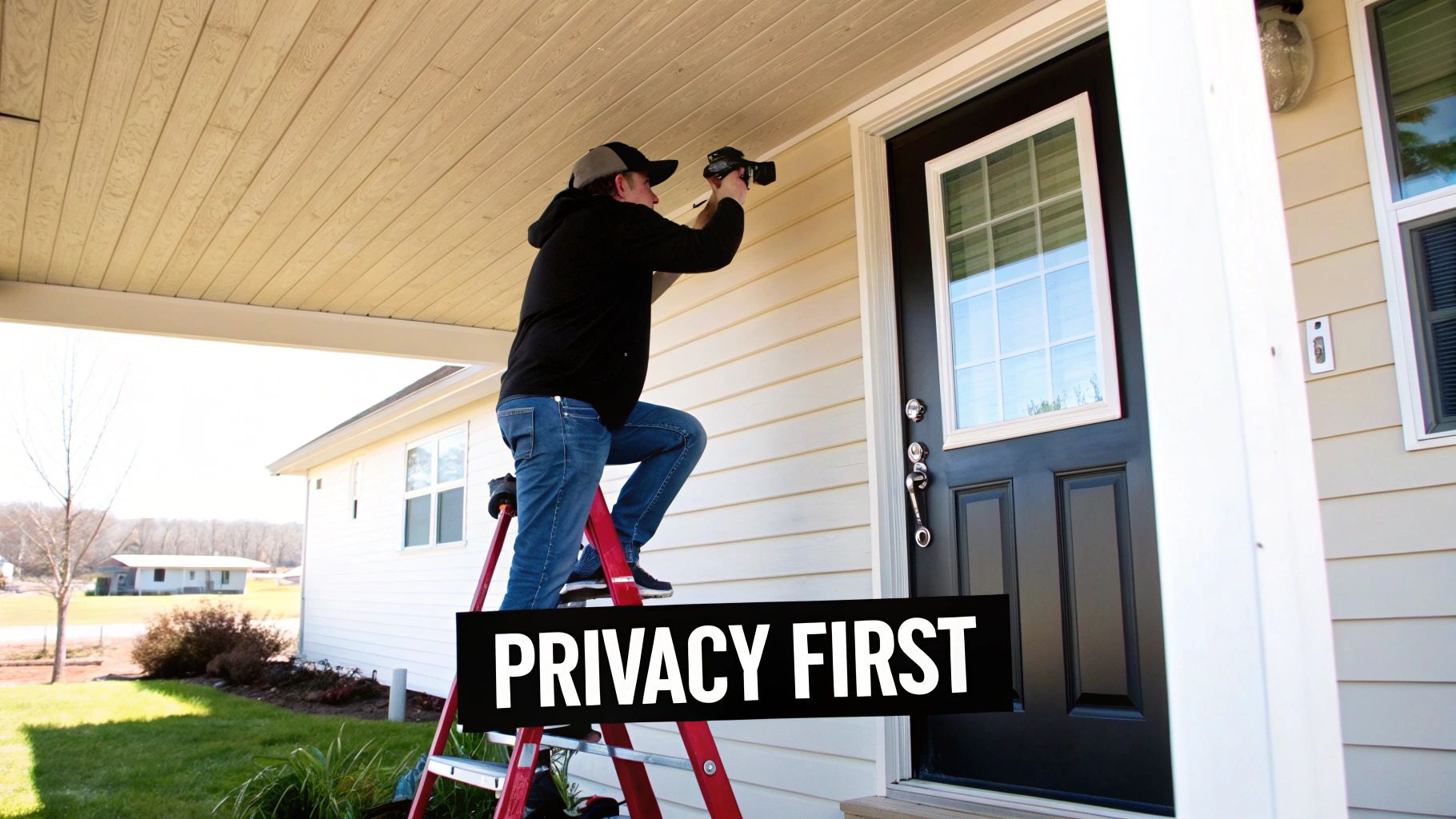 A man on a red ladder installs an outdoor security camera under the eaves of a house.