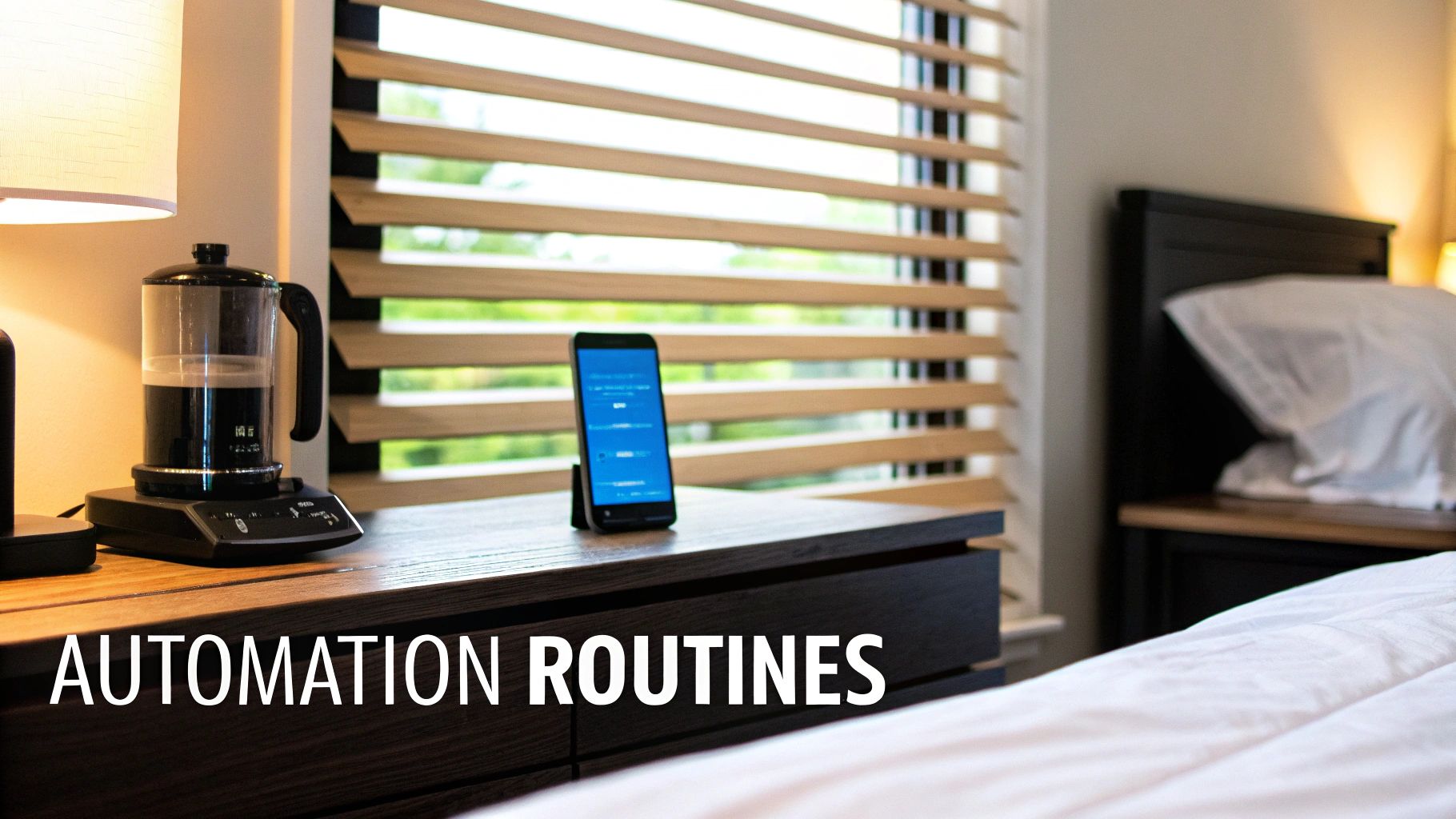 A bedroom scene with a smart kettle and smartphone on a nightstand, representing home automation routines.