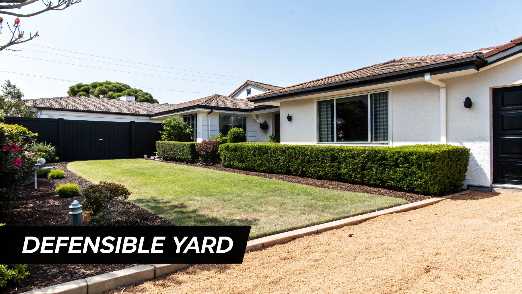 A neatly landscaped front yard with lawn, hedges, and gravel, emphasizing a defensible yard design for home security.