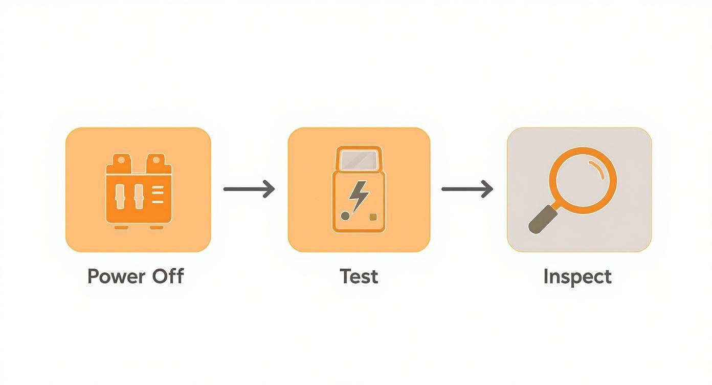 A three-step diagram showing 'Power Off' with a switch icon, 'Test' with a lightning bolt icon, and 'Inspect' with a magnifying glass.