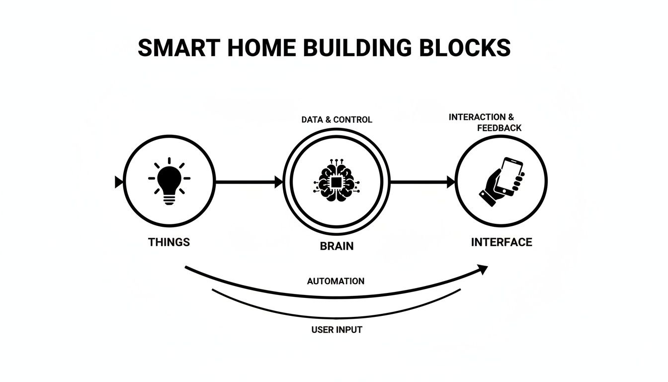 Diagram showing smart home building blocks: Things, Brain, and Interface, with data and control flows.