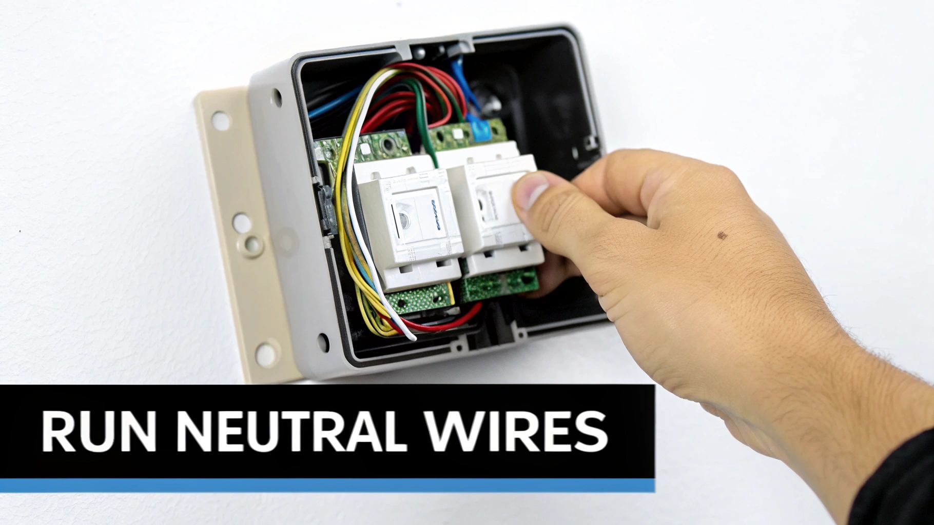 A person's hand wiring two smart home modules into an electrical box with colorful wires.
