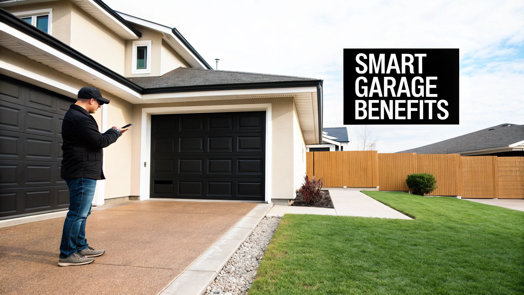 Person using a smartphone to open their smart garage door