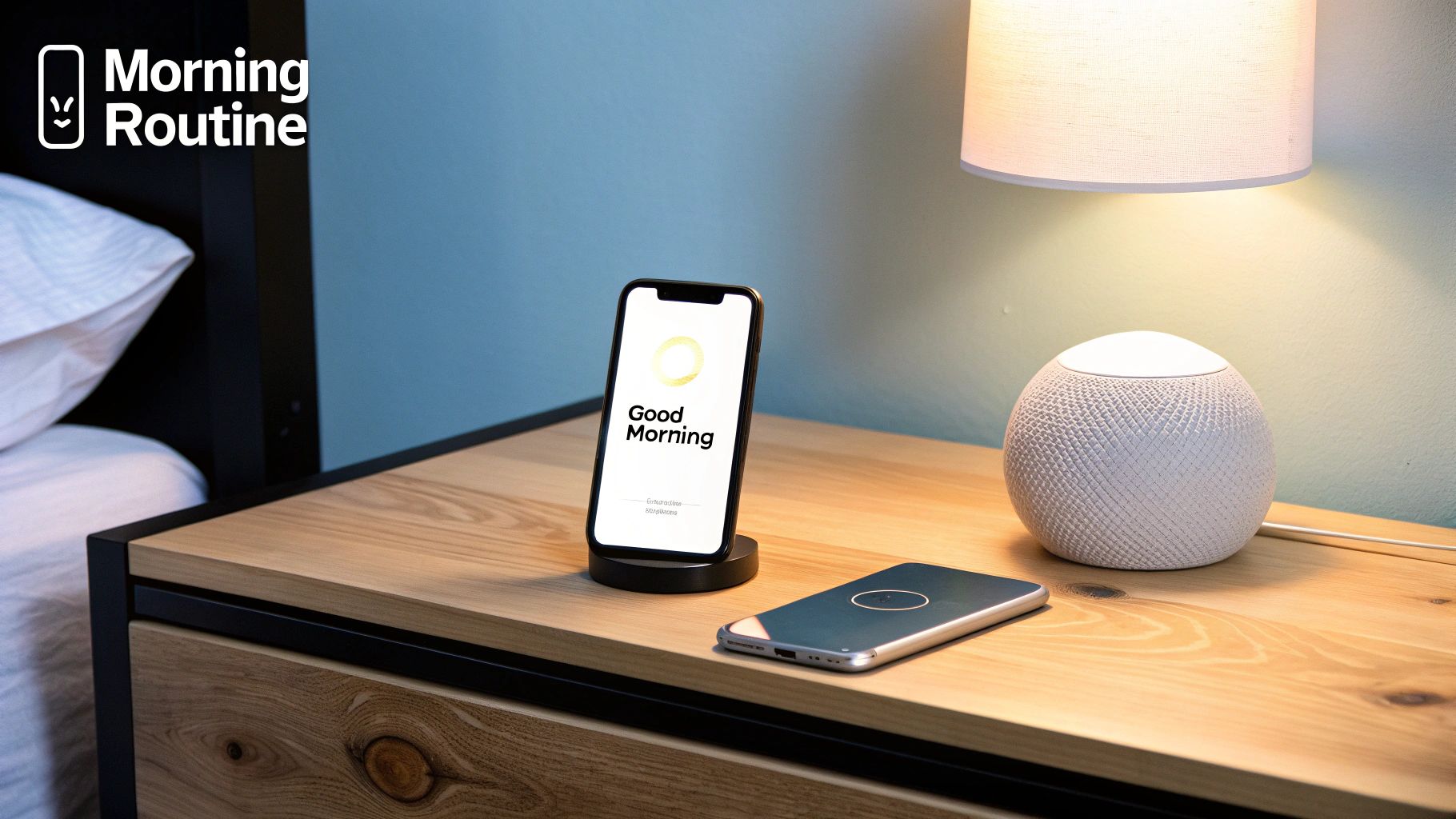 Bedside table with a smartphone showing 'Good Morning,' a smart speaker, and a lamp.