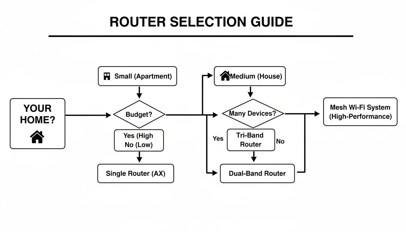 Flowchart guiding router selection based on home size, budget, and number of devices.