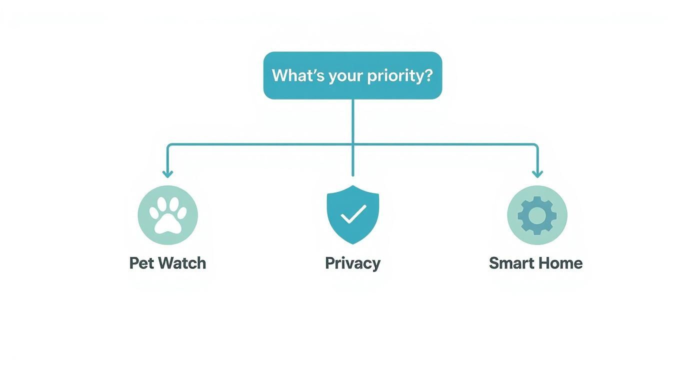 Decision flowchart showing three priority options: Pet Watch, Privacy, and Smart Home features