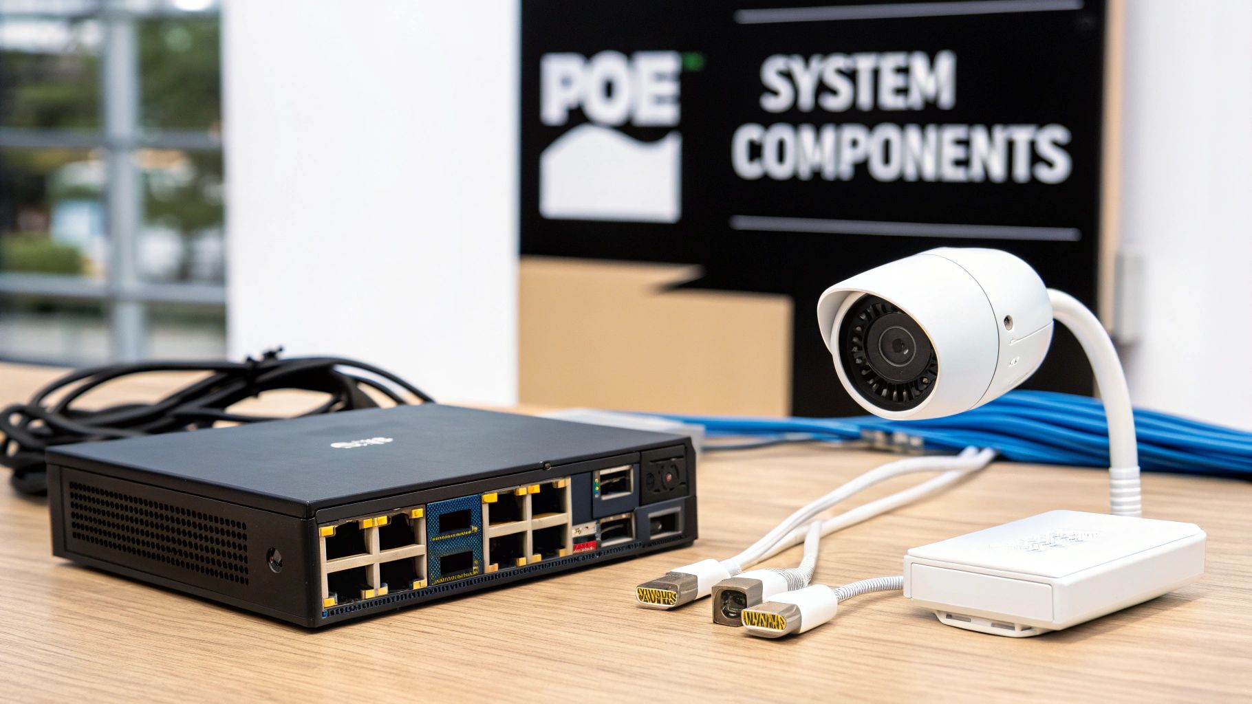 A black PoE network switch, white security camera, and cables for a system setup.