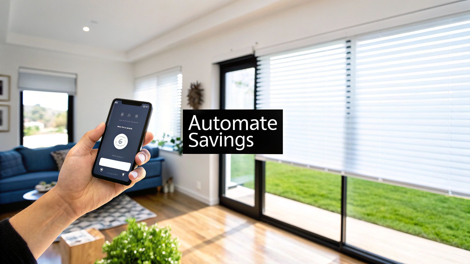 A hand holding a smartphone with an app that controls smart home devices, with icons for lights, thermostat, and security