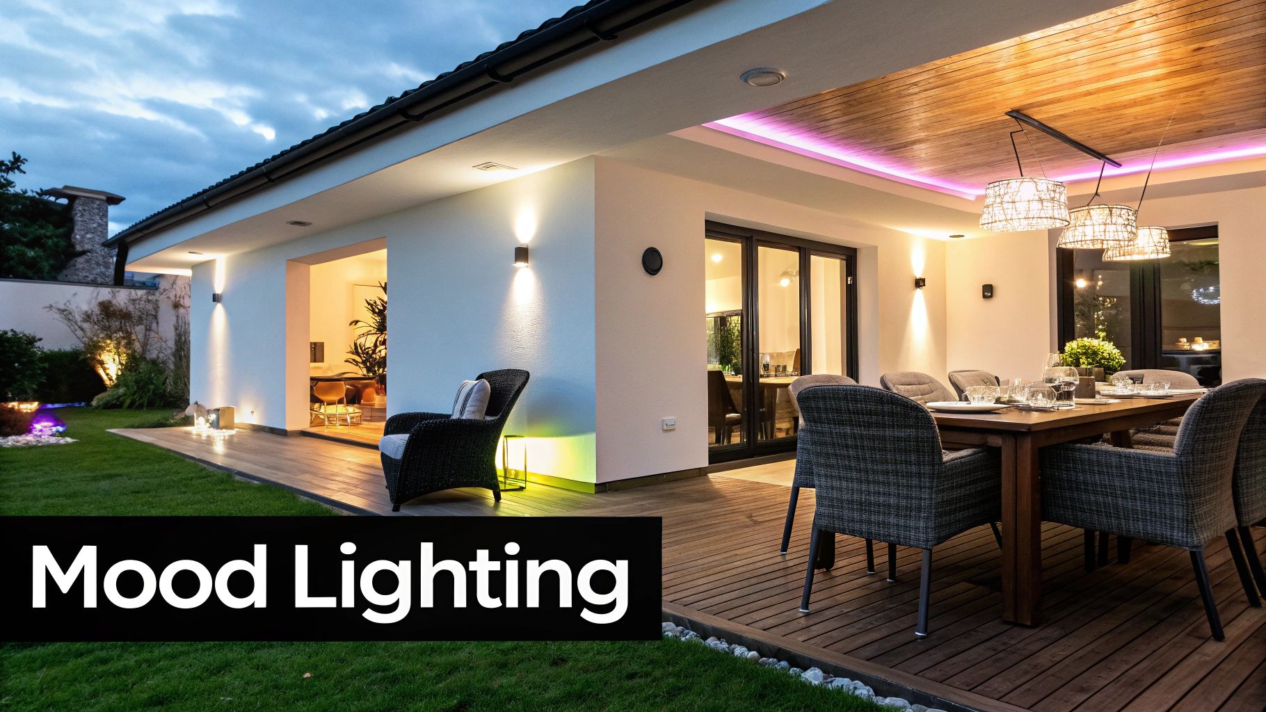 A kitchen with smart under-cabinet lighting and recessed ceiling lights.