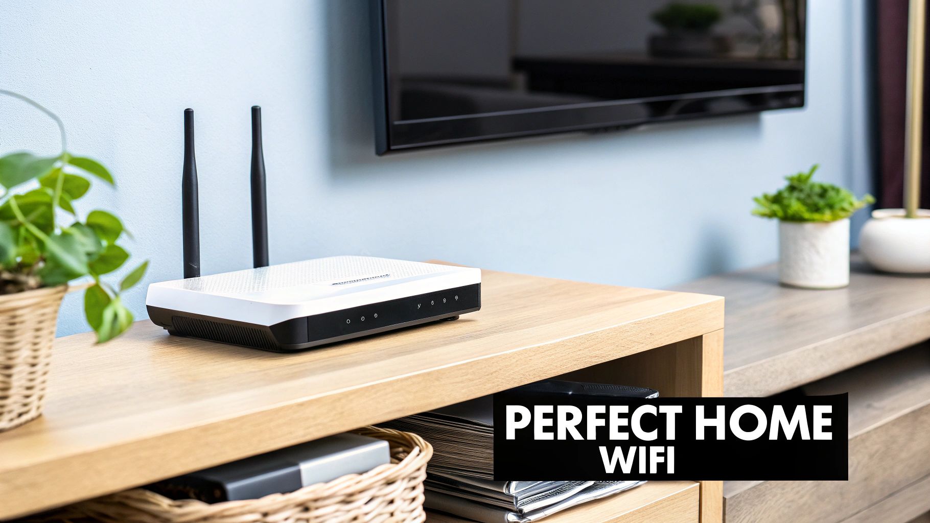 A white Wi-Fi router with two antennas on a wooden media console in a living room.
