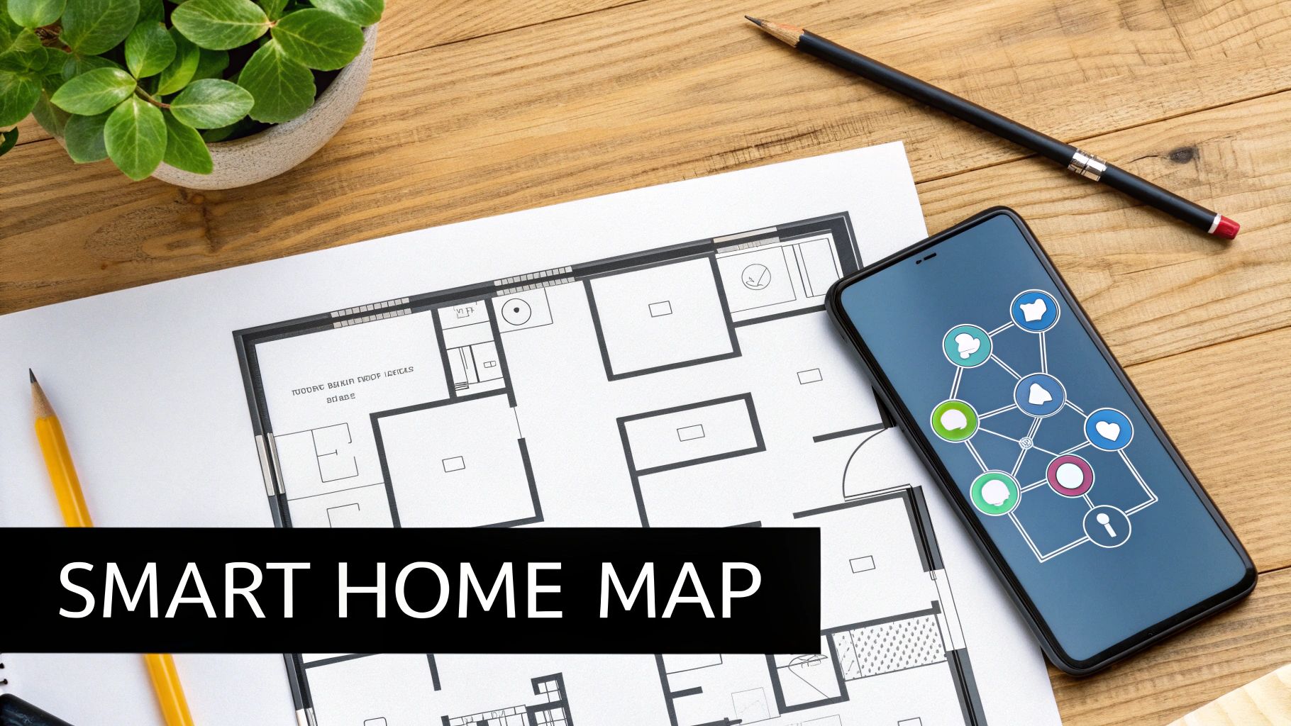 An overhead view of a smart home map with a floor plan and a smartphone showing smart device connections on a wooden desk.