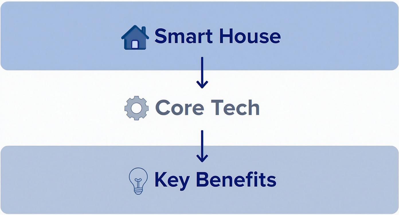 Smart house technology hierarchical flowchart showing core tech leading to key benefits with icons
