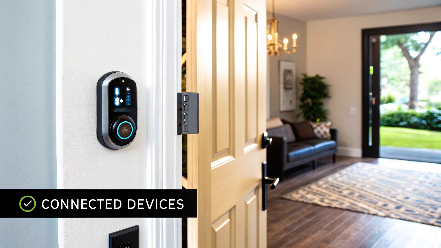 A collage of popular smart home devices, including smart lights, a thermostat, a video doorbell, and a smart speaker, arranged on a modern tabletop.