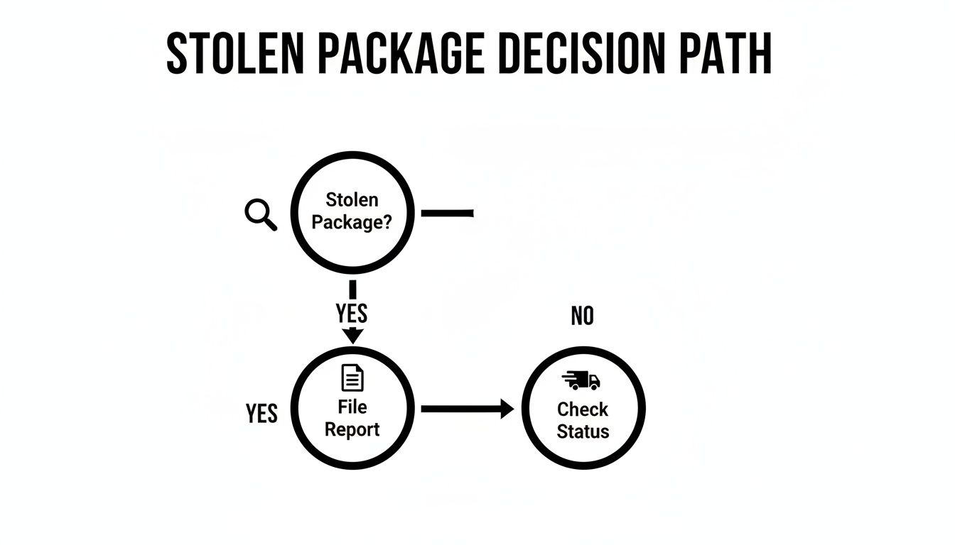 A flowchart detailing the decision path for a stolen package, guiding users to file a report or check status.