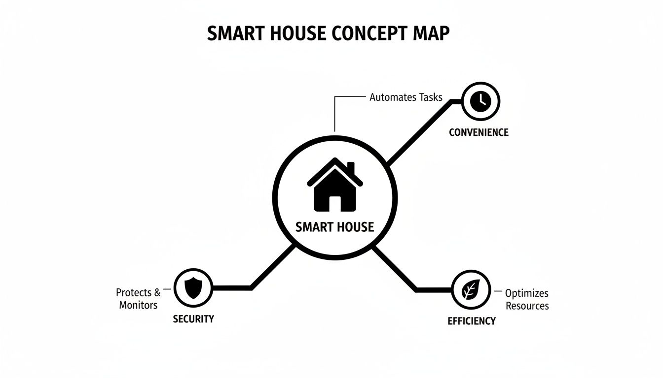 Concept map illustrating the core benefits of a smart house, including convenience, efficiency, and security.