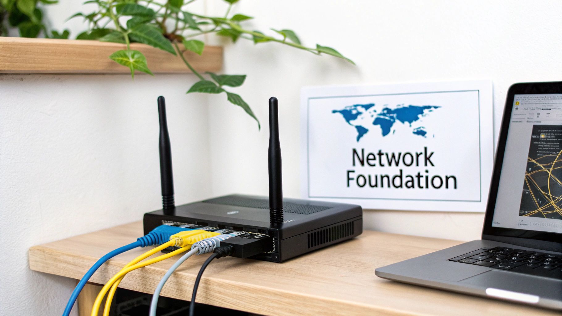 A network router with colorful Ethernet cables, a laptop, and a 'Network Foundation' sign.