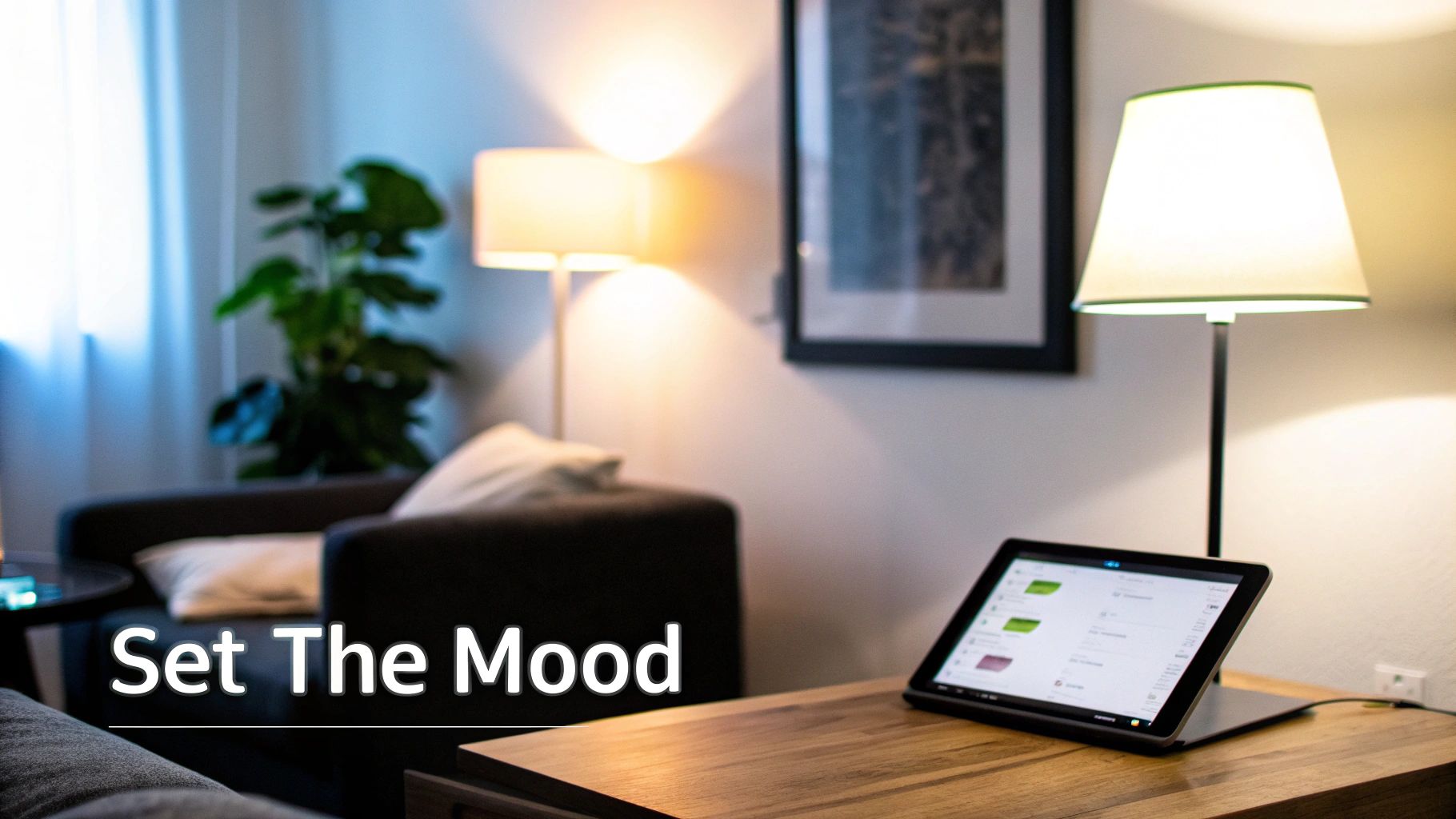 A cozy smart home living room with a tablet controlling ambient mood lighting and other devices.