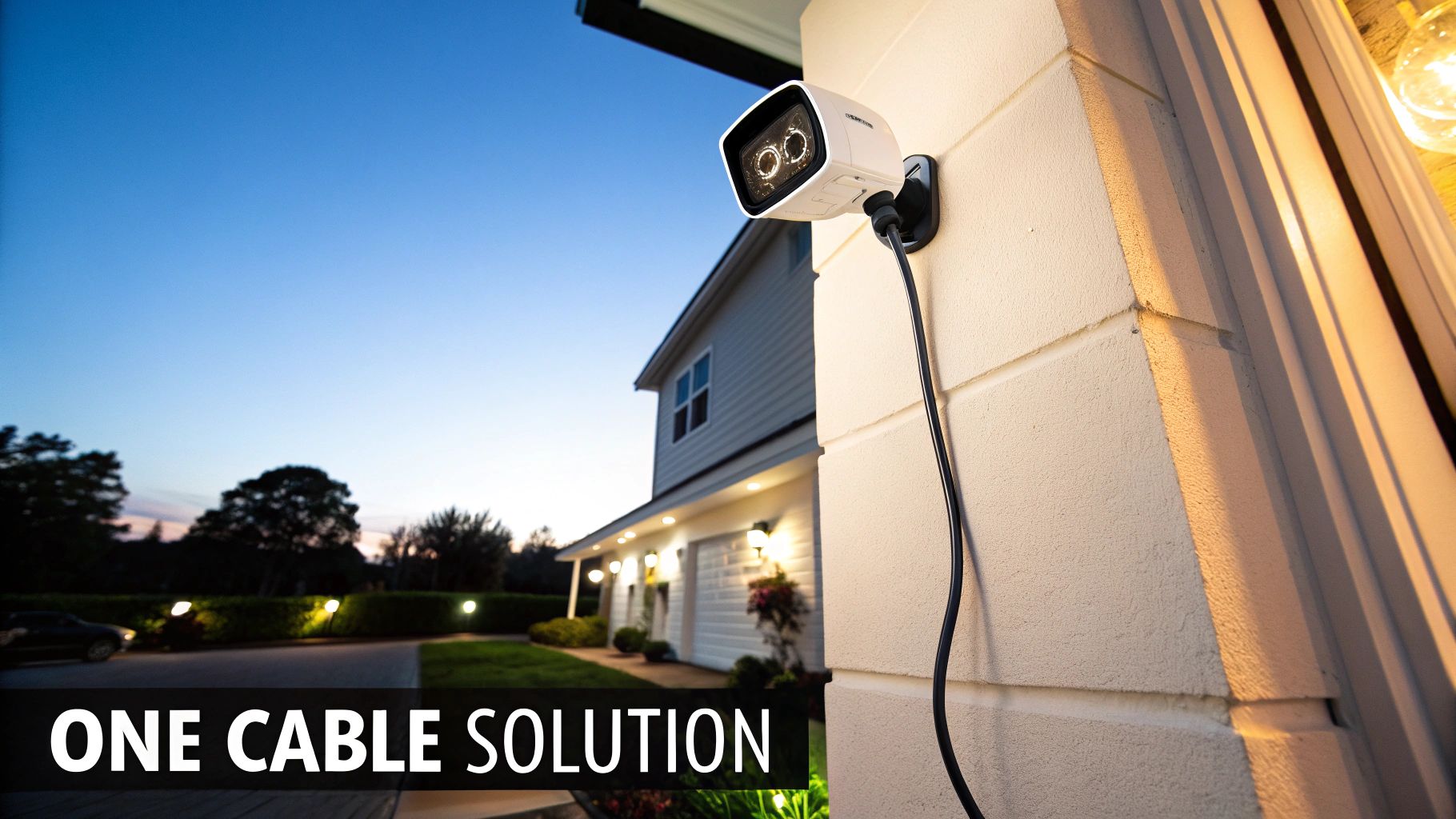 Outdoor security camera on a house wall at dusk, highlighting a one-cable solution.