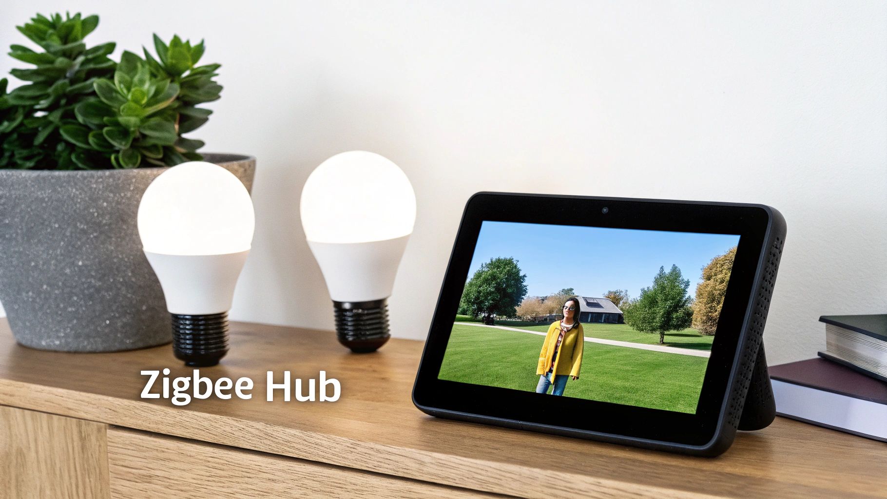 A smart home setup with two white Zigbee light bulbs, a plant, and a smart display showing a park scene.