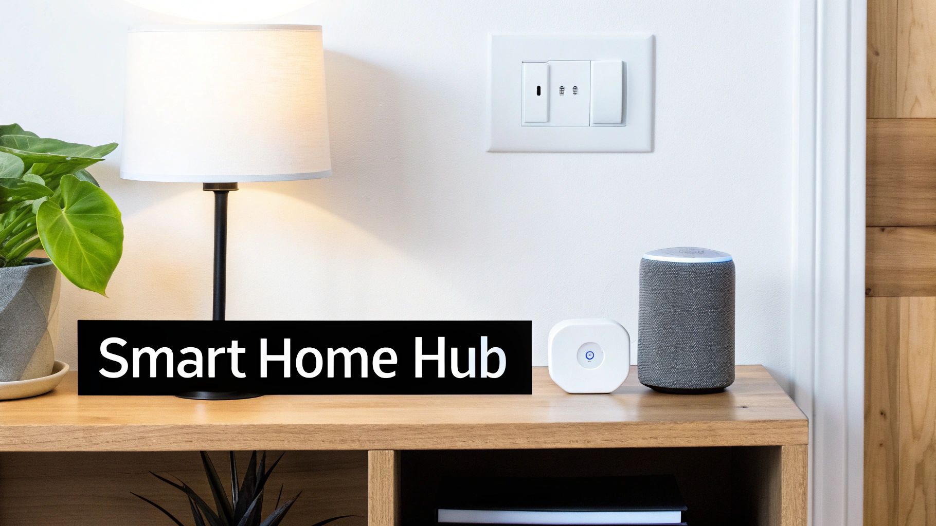 A modern smart home setup with a smart speaker, hub, lamp, and wall switches.