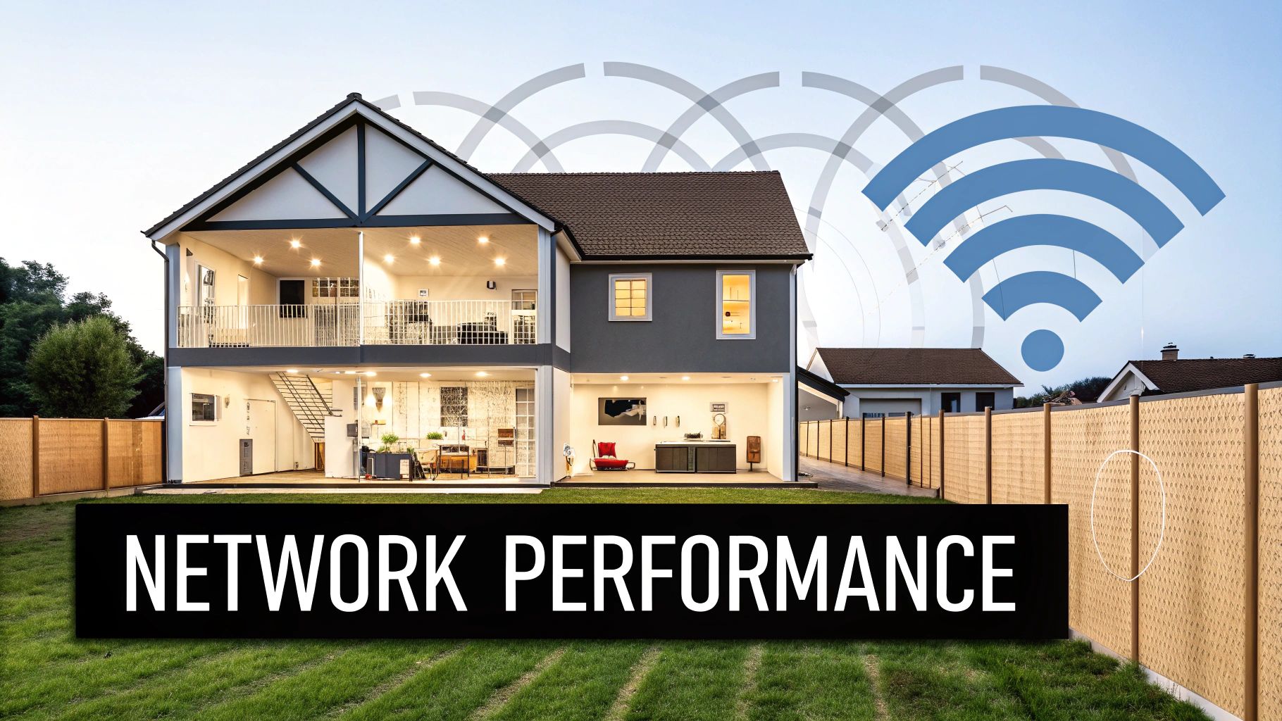 A modern house with visible interiors and lights on, featuring Wi-Fi signals and a 'NETWORK PERFORMANCE' banner.