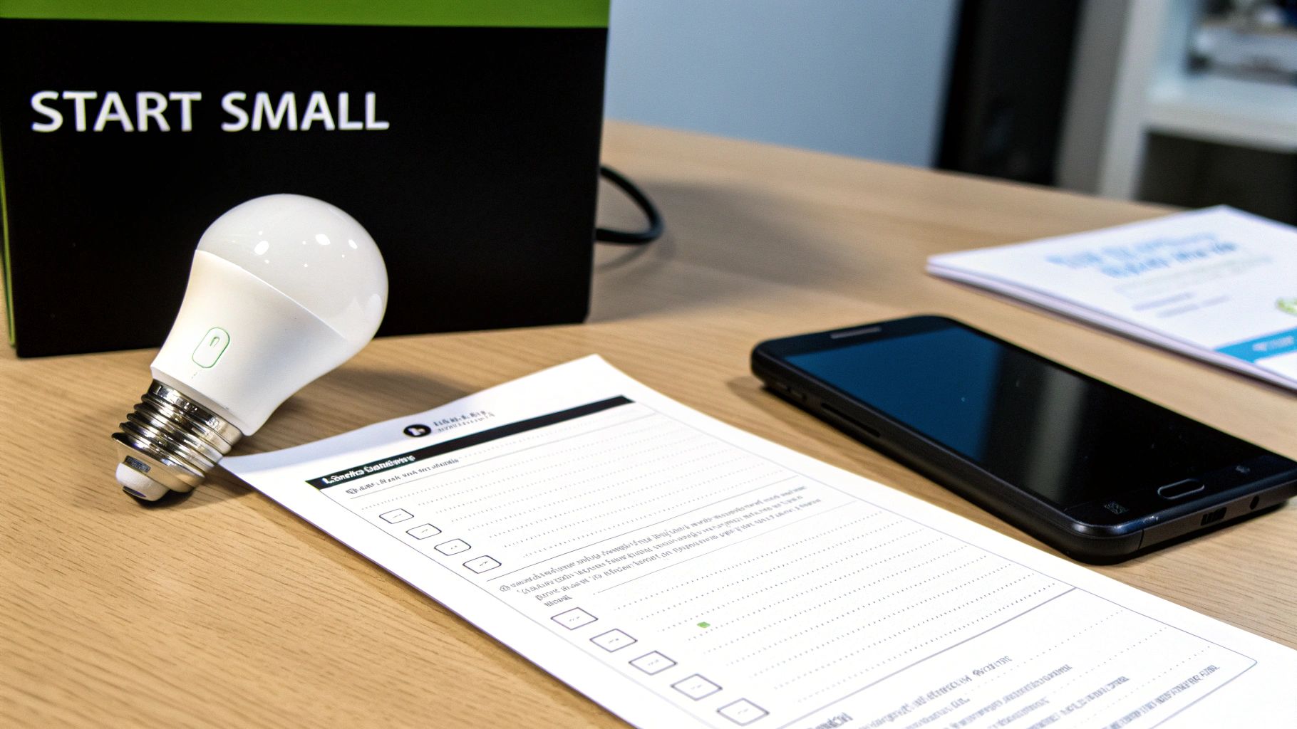 A smart light bulb, smartphone, and checklist on a wooden table, next to a 'START SMALL' box.