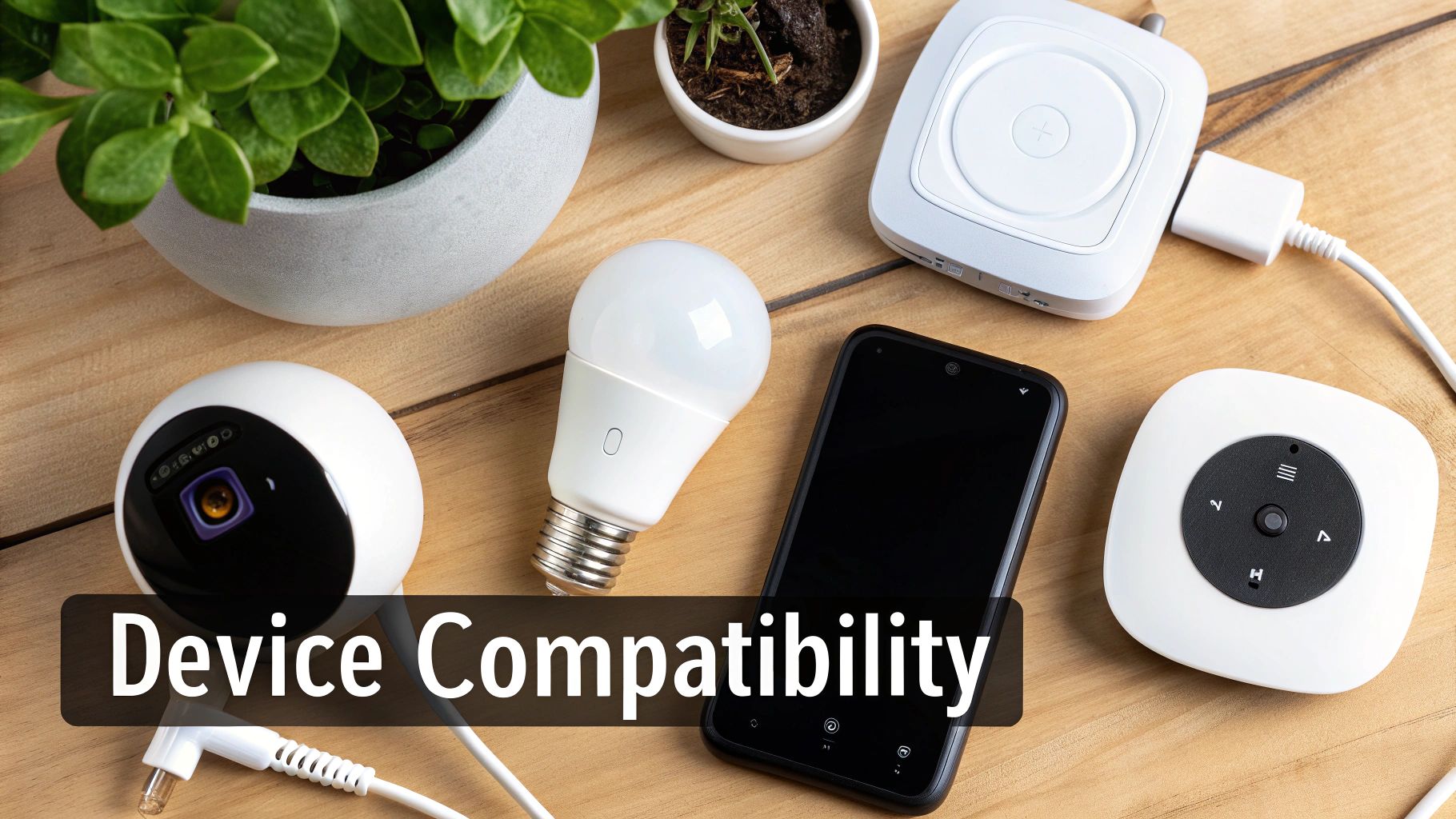 Various smart home devices, including a camera, smart bulb, and hub, on a wooden table.