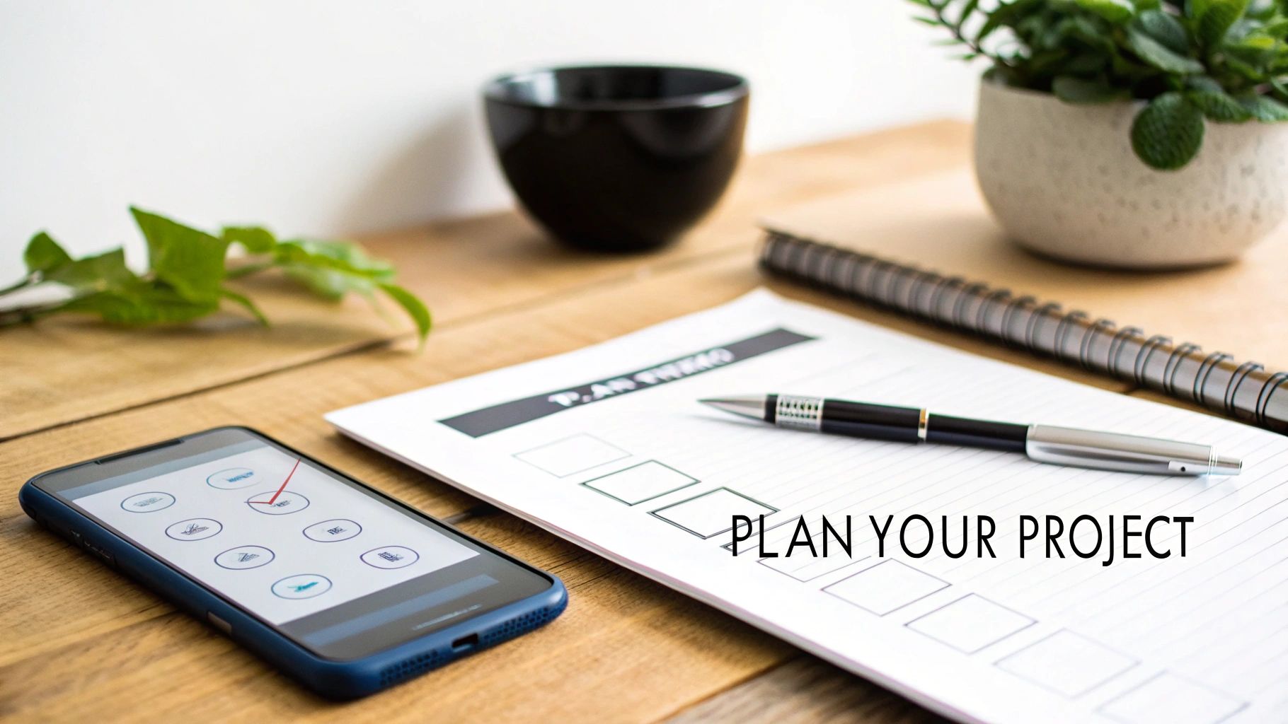 A person sketching out a home automation plan on a blueprint with a tablet and smart devices nearby.