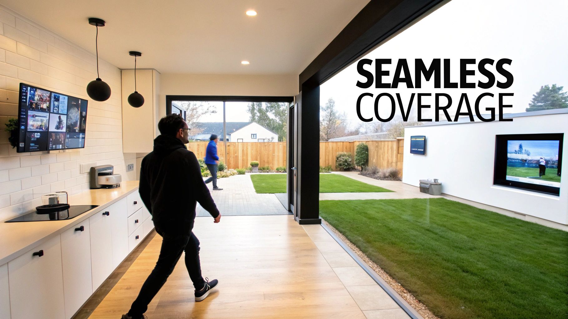 Modern home with open kitchen and backyard, showing multiple screens and seamless coverage.