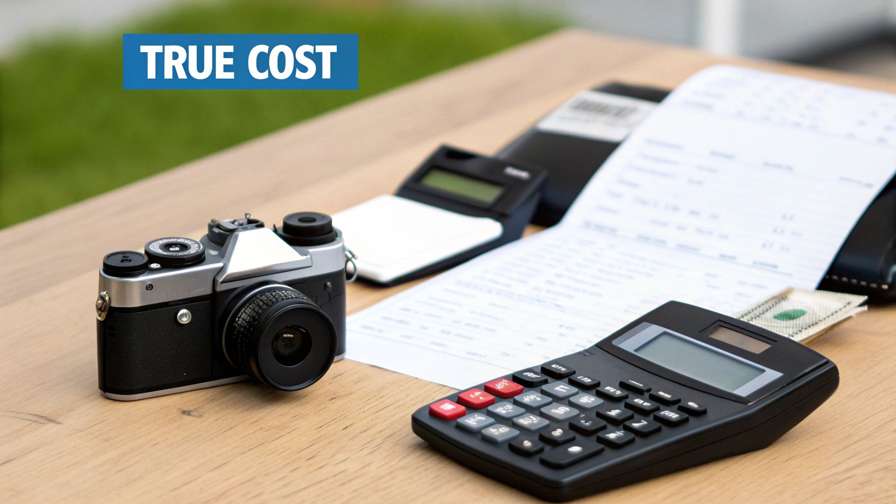 A vintage film camera, calculators, receipts, and cash on a wooden table under a 'TRUE COST' banner.