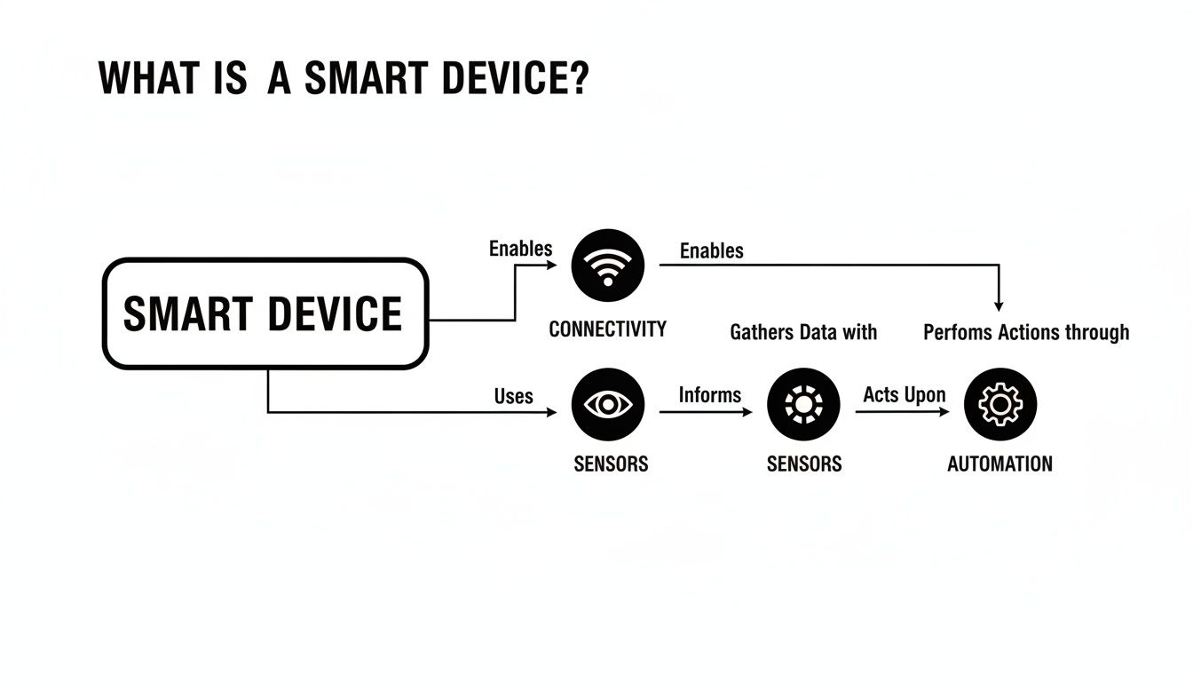 Flowchart illustrates how a smart device uses connectivity and sensors for data gathering and automation.