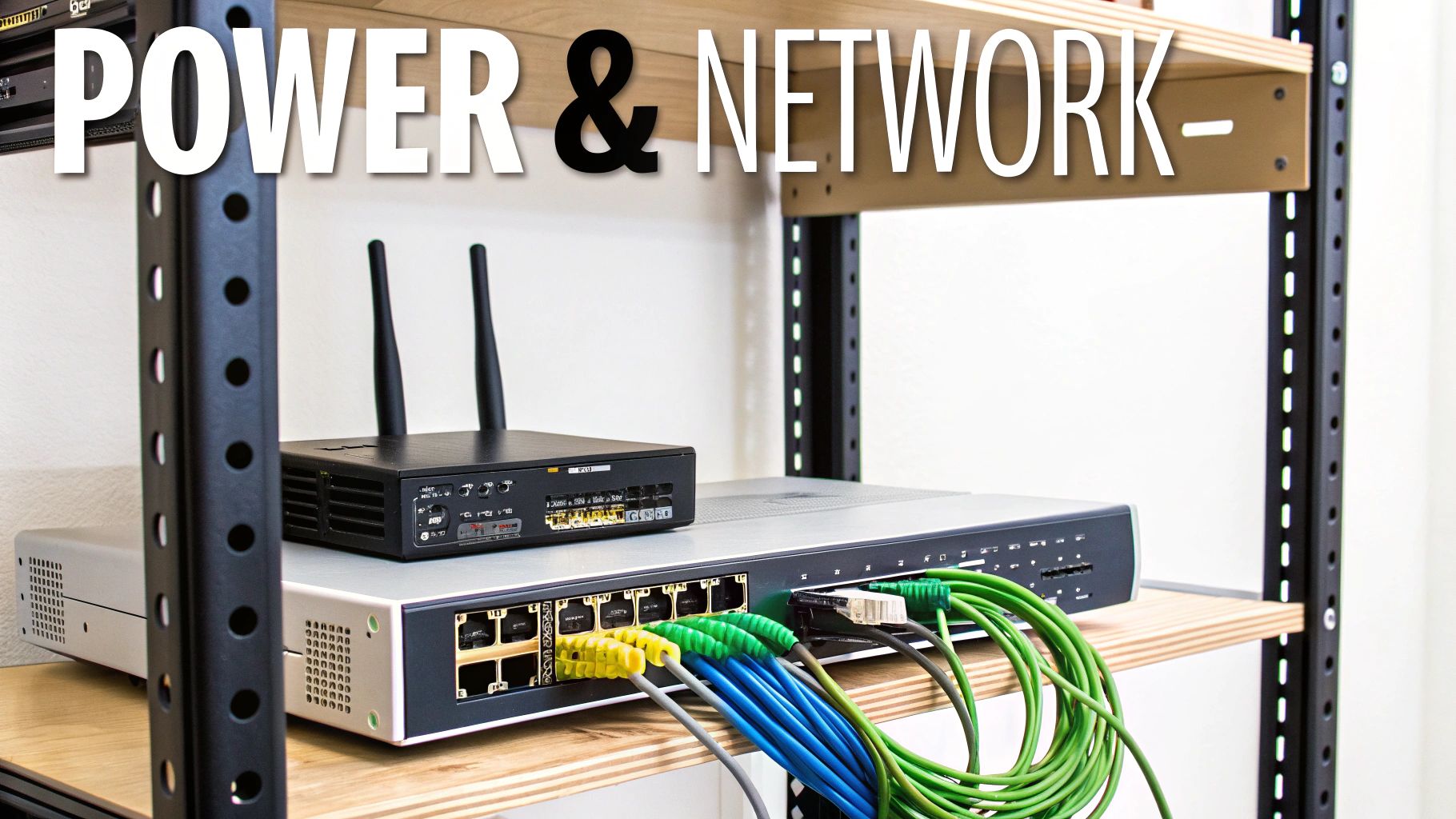 Network equipment including a router and switch with colorful Ethernet cables on wooden shelves.