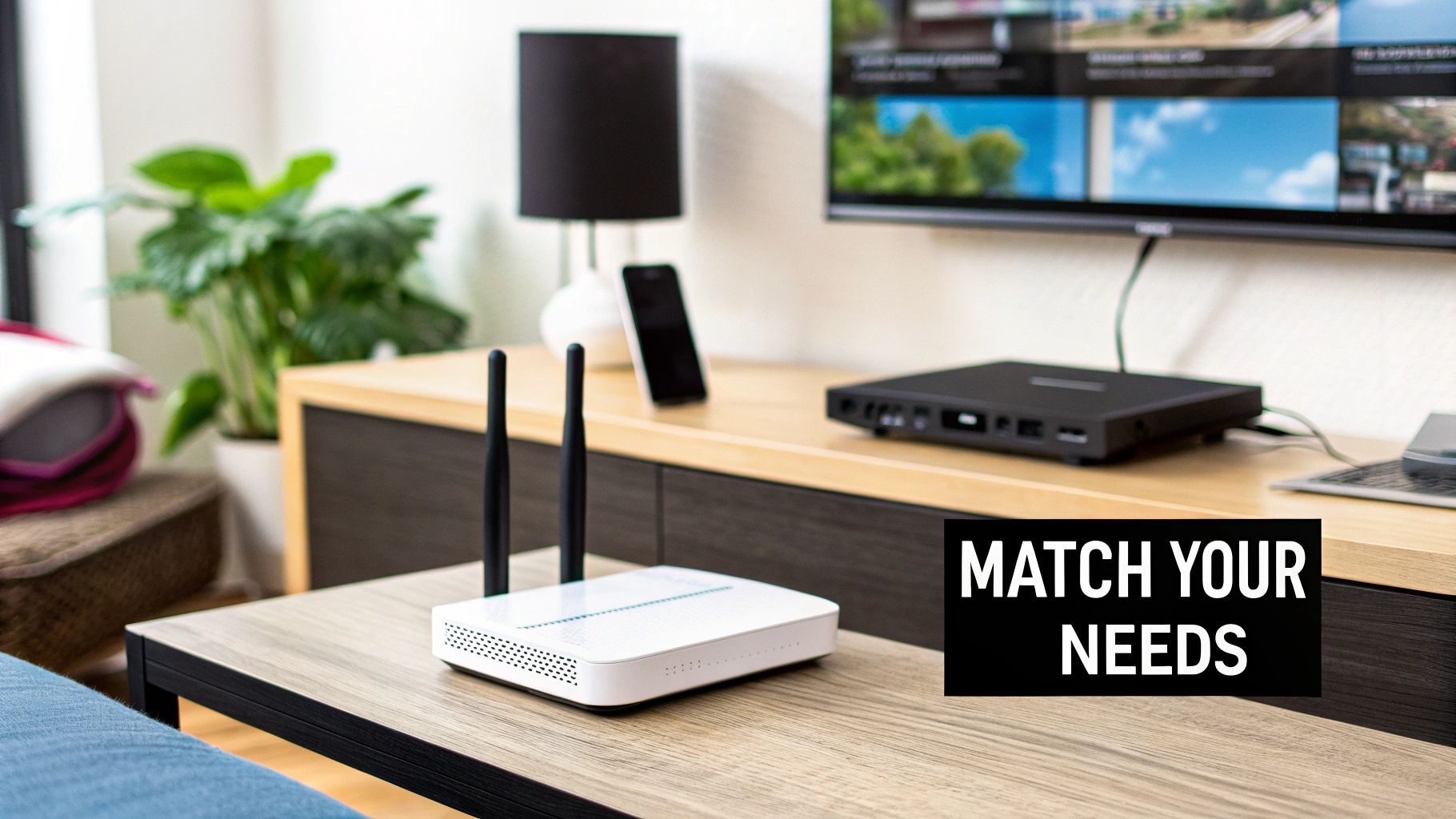 A white WiFi router with two antennas sits on a wooden coffee table in a modern living room.