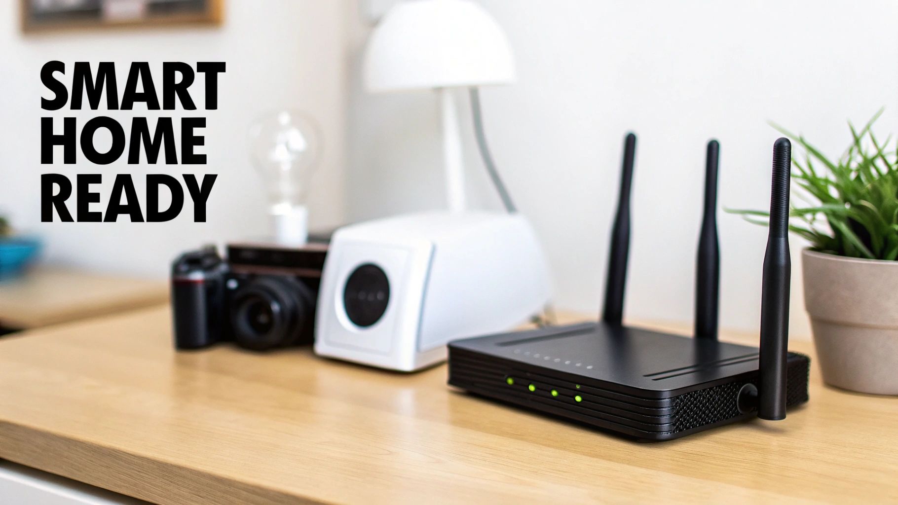 A smart home ready setup featuring a black router, smart hub, and camera on a wooden desk.